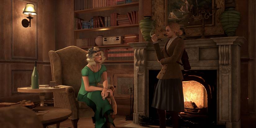 alone-in-the-dark-cinematic-still-game-rant-advance-emily-hartwood-woman-npc-green-dress-study-room-fireplace