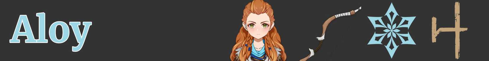 a narrow image strip with icons representing aloy's weapon, element, and the game she comes from - bow cryo horizon - genshin impact