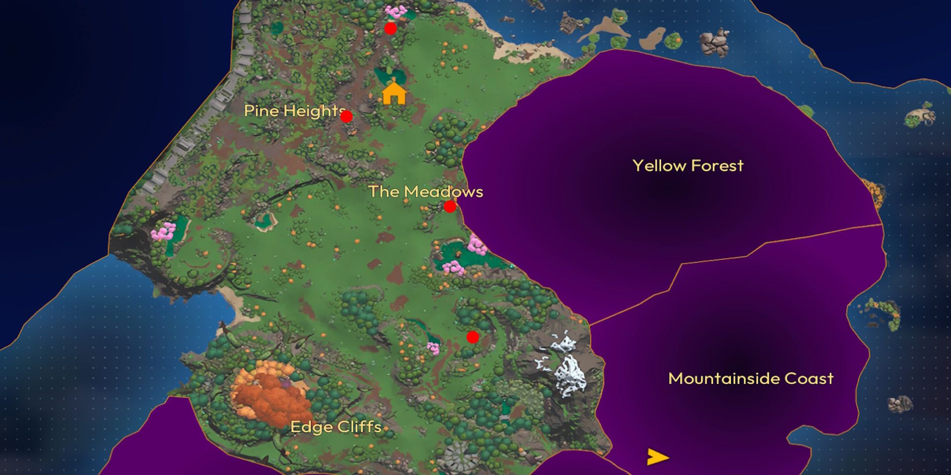 The world map of Lightyear Frontier. The major Aluminum farmings spots are market with red circles.