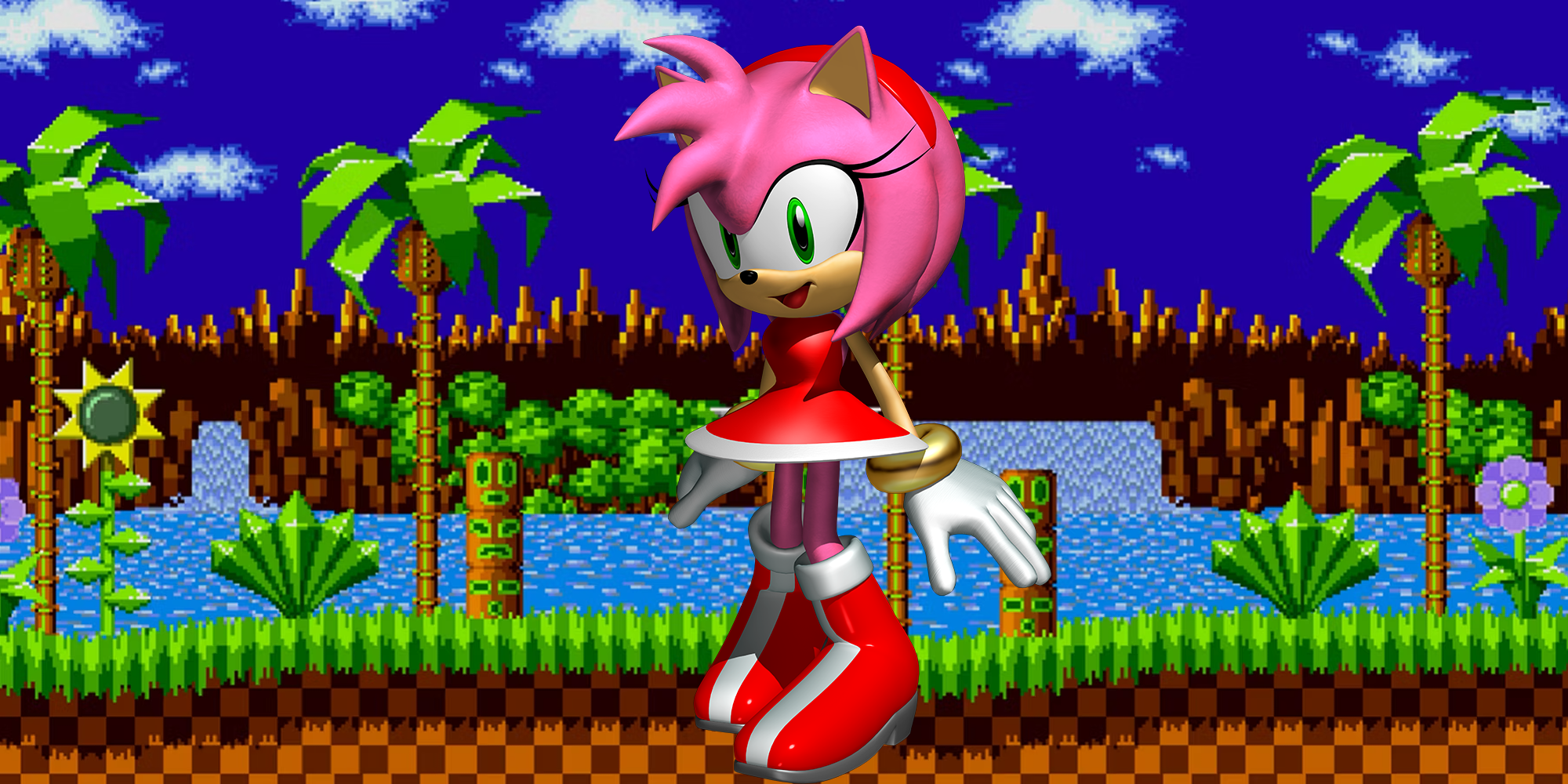 Amy Rose against the backdrop of Green Hill Zone