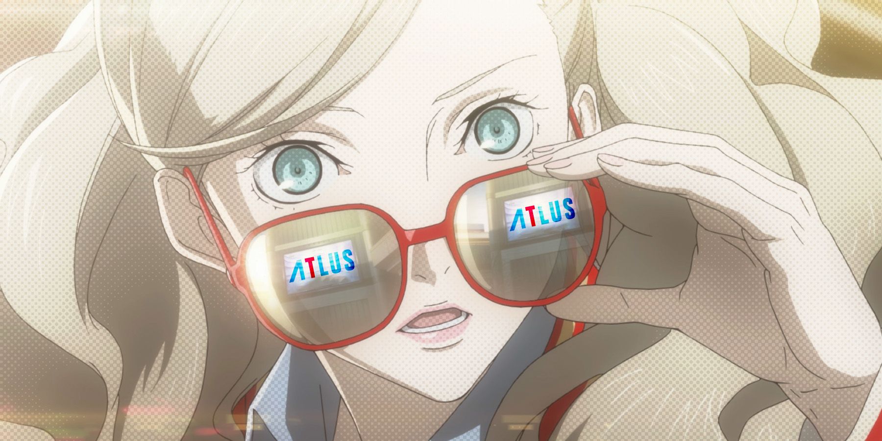Ann Takamaki looking over sunglasses at TV displaying Atlus logo Persona 5 Royal dot halftone composite