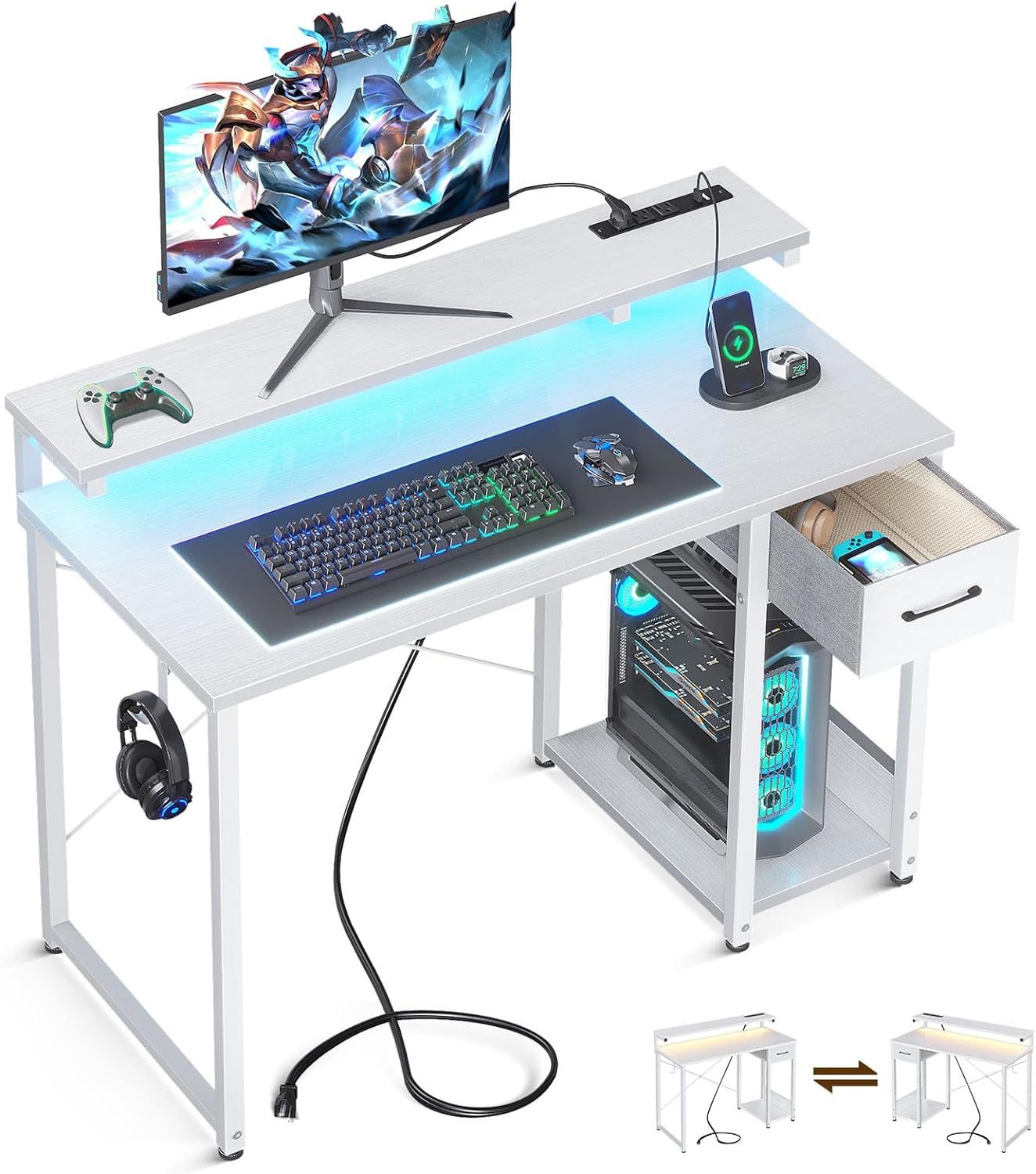AODK White Gaming Desk with LED Lights & Power Outlet