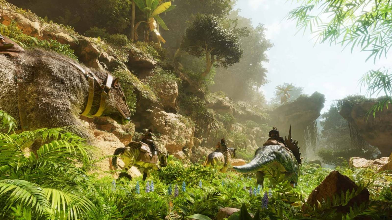 Dinosaurs riding on a mountain side