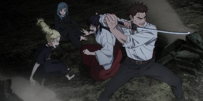 Atsuya Kusakabe protecting Miwa, Momo and Utahime from Kenjaku's attack.