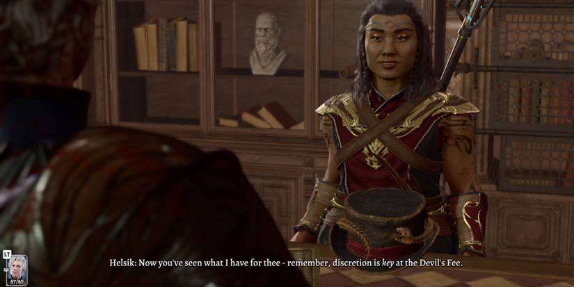 Astarion speaks to Helsik in her shop