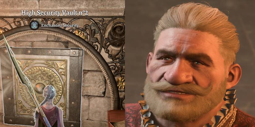 The left half of the image is a high security vaut and the right side is the character Rakath