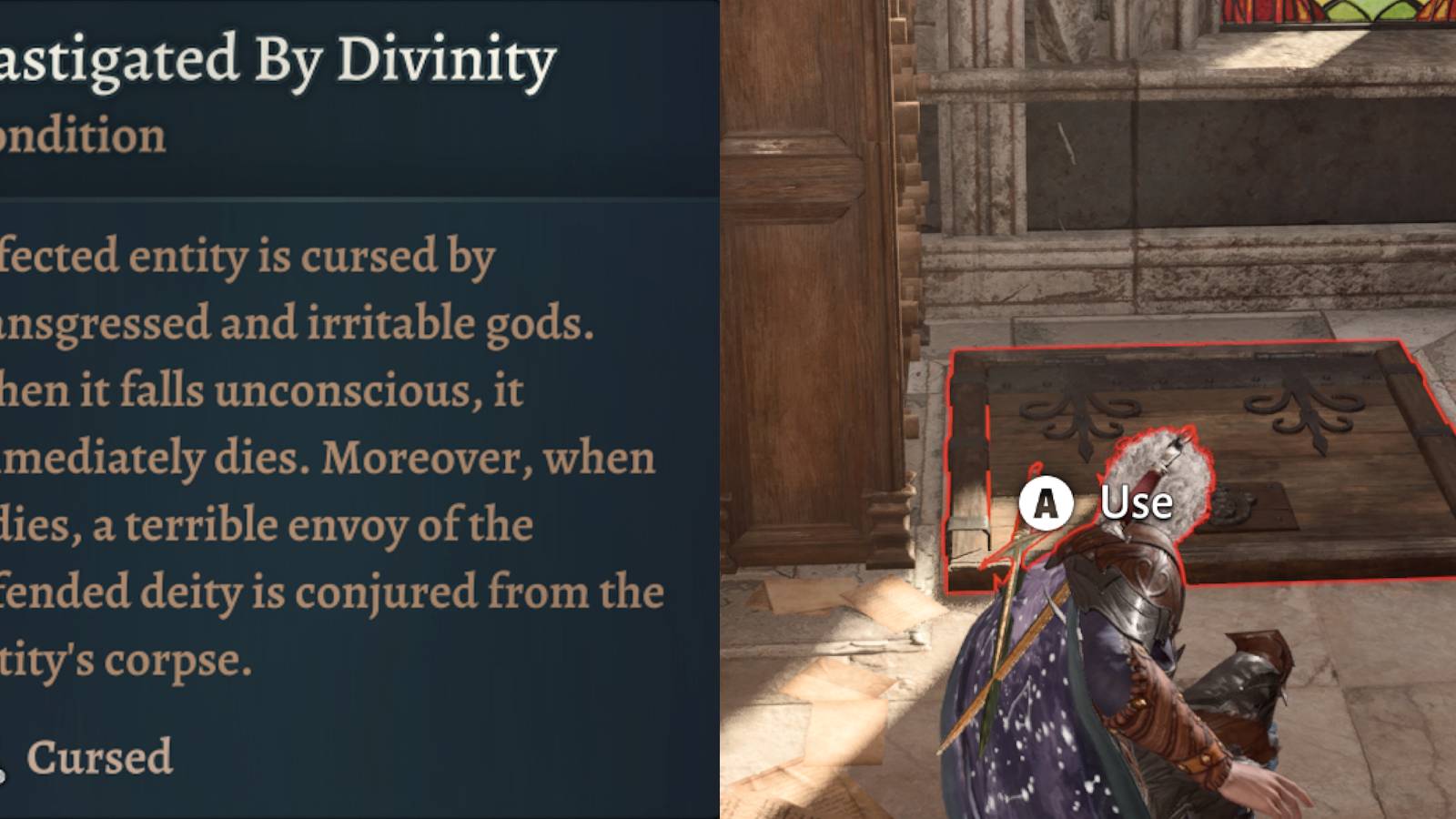 Castigated by Divinity and Astarion looks at the ornate hatch