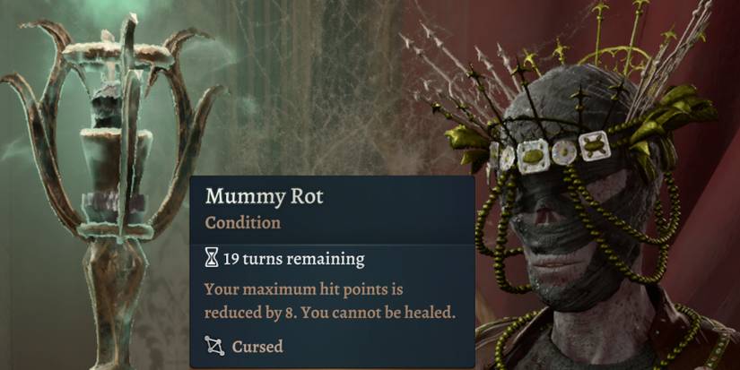 Mummy Rot status effect overlaid on an image of Mystic Carrion
