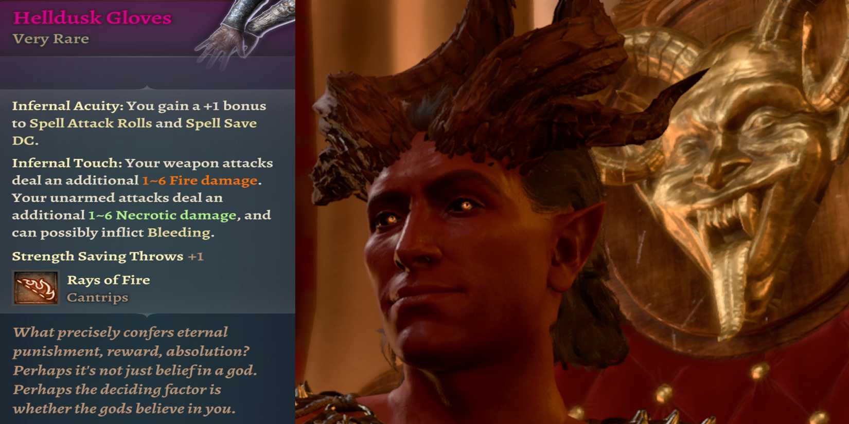 The in-game description of the Helldusk Gloves and a close-up of Haarlep in Baldur's Gate 3