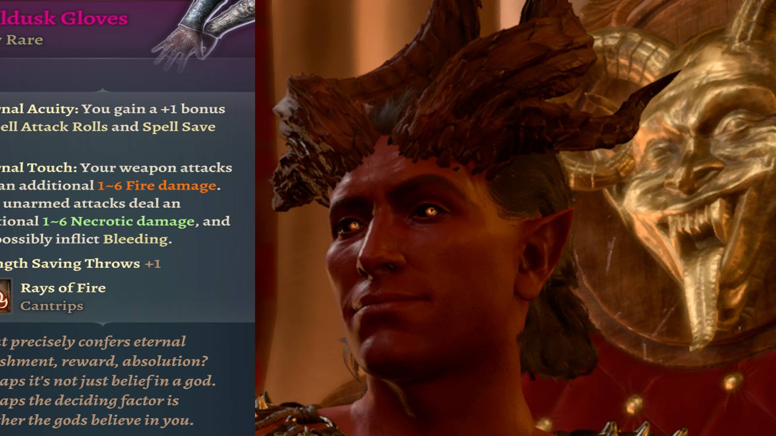 The in-game description of the Helldusk Gloves and a close-up of Haarlep in Baldur's Gate 3