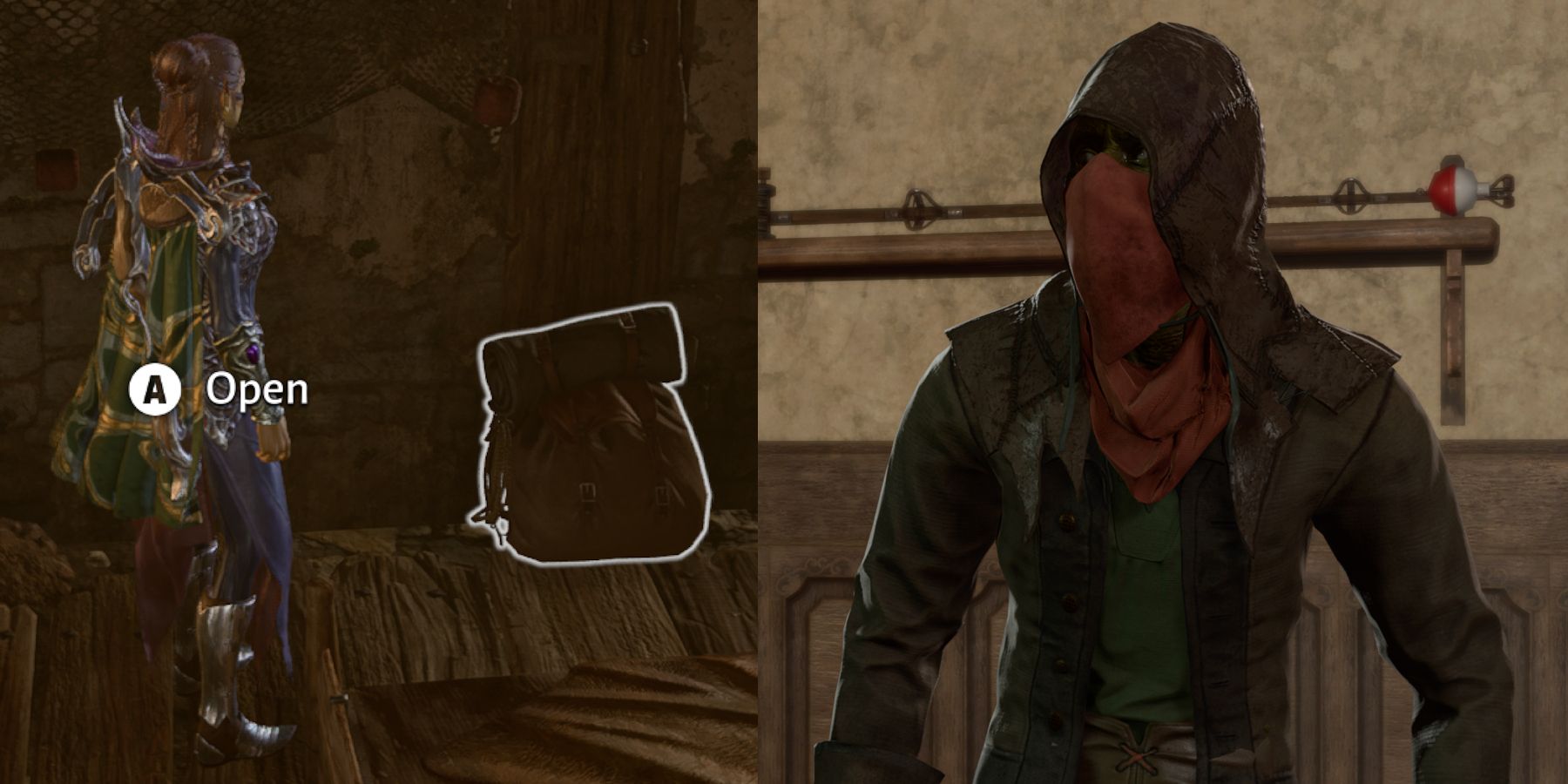 The left half of the image is Laezel looking at a backpack. The right half is the character Thrumbo