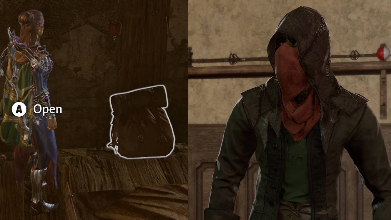 The left half of the image is Laezel looking at a backpack. The right half is the character Thrumbo