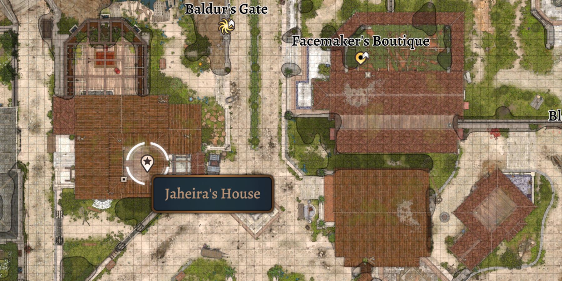 The map displays Jaheira House nearby the Baldur's Gate fast travel