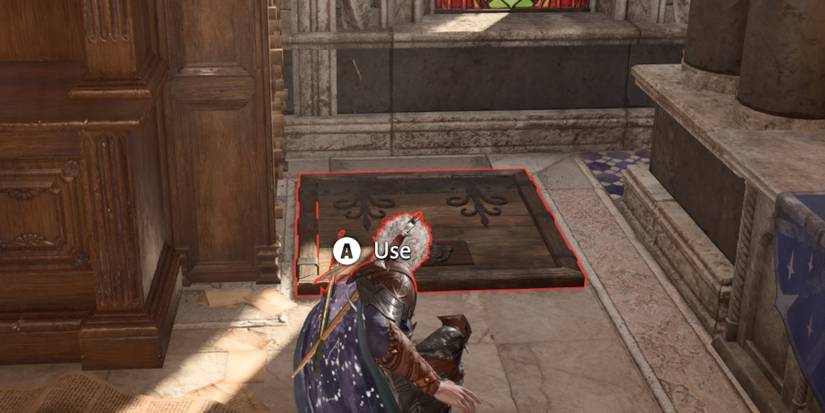 Astarion crouches in front of the ornate wooden hatch bg3