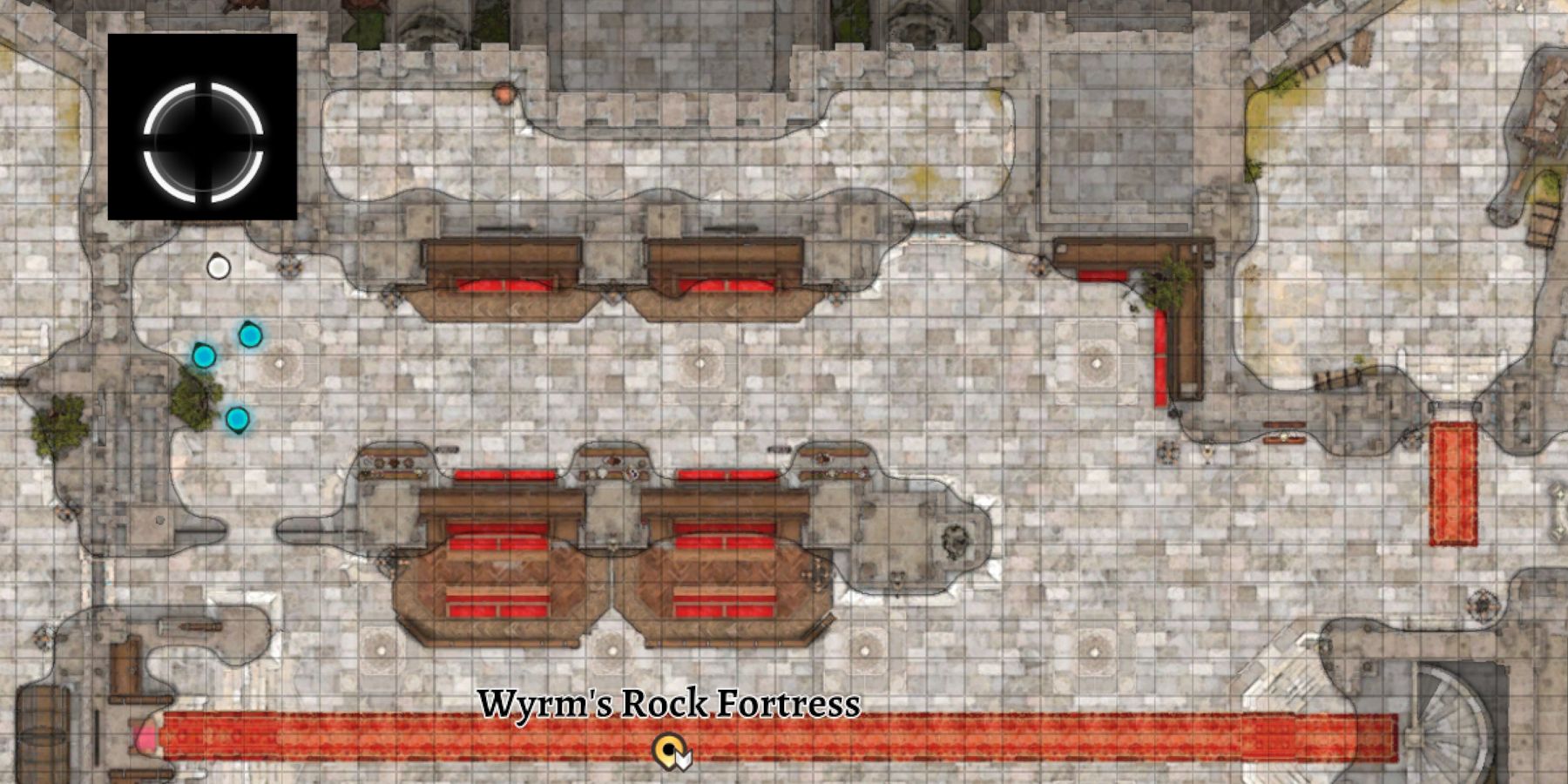 The map has a black square where the passageway leads to the top of the fortress.
