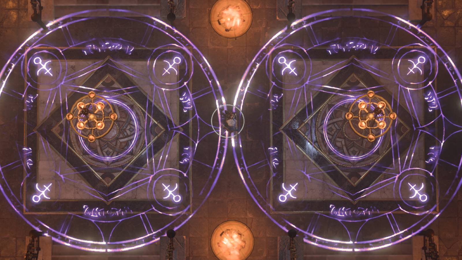 The purple teleporting circles block access to the vaults