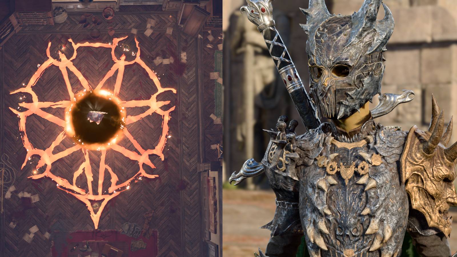 The left half of the image is the ritual portal in Helsik's shop. The right half is Laezel wearing the Helldusk Helmut.