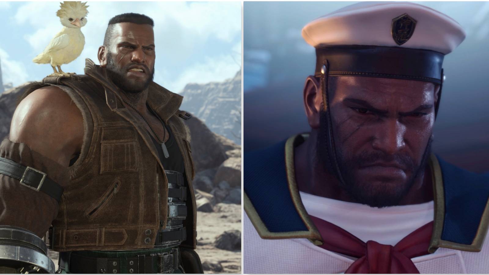 Barret and Cloud Jr and Barret in his sailor uniform in Final Fantasy 7 Rebirth