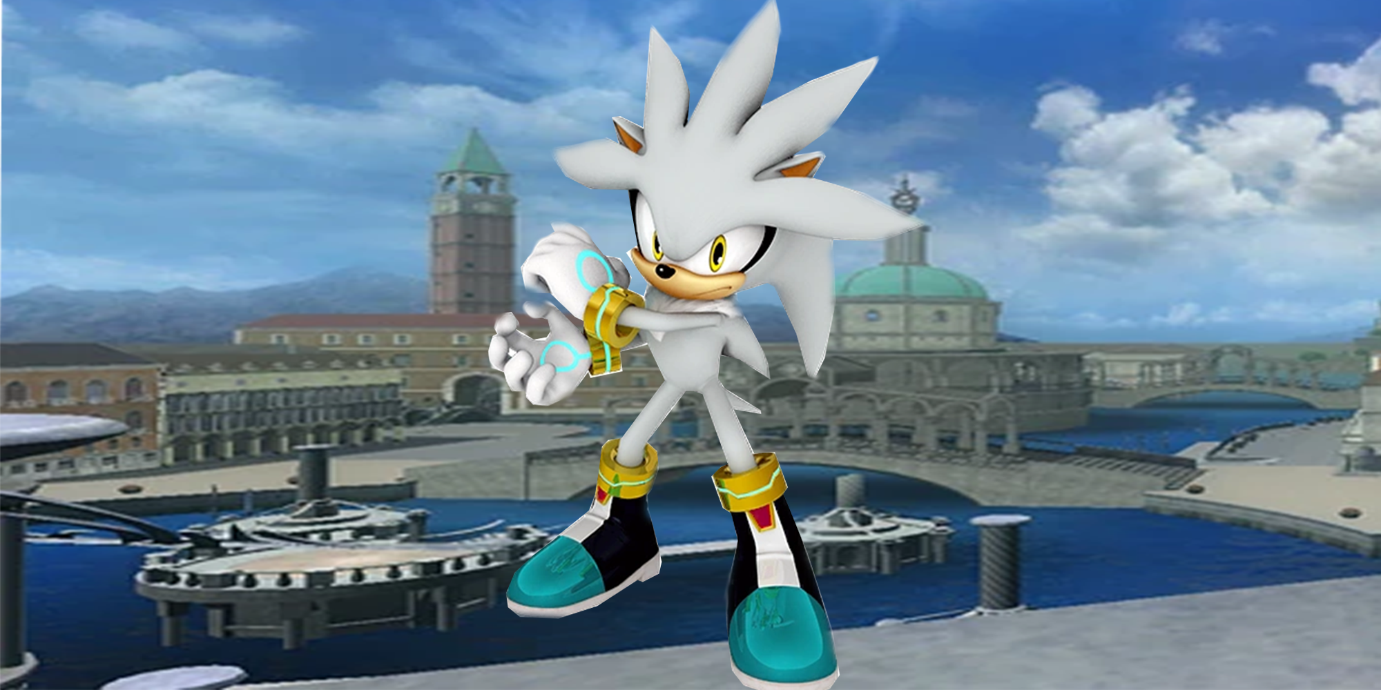 Silver the hedgehog against backdrop of Soleanna town from sonic 06