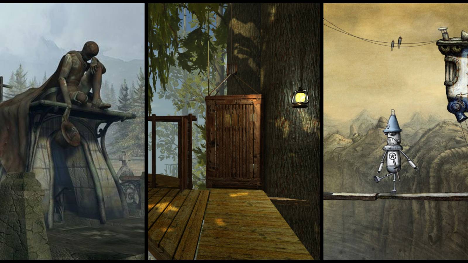 screenshots from Syberia, realMyst, and Machinarium