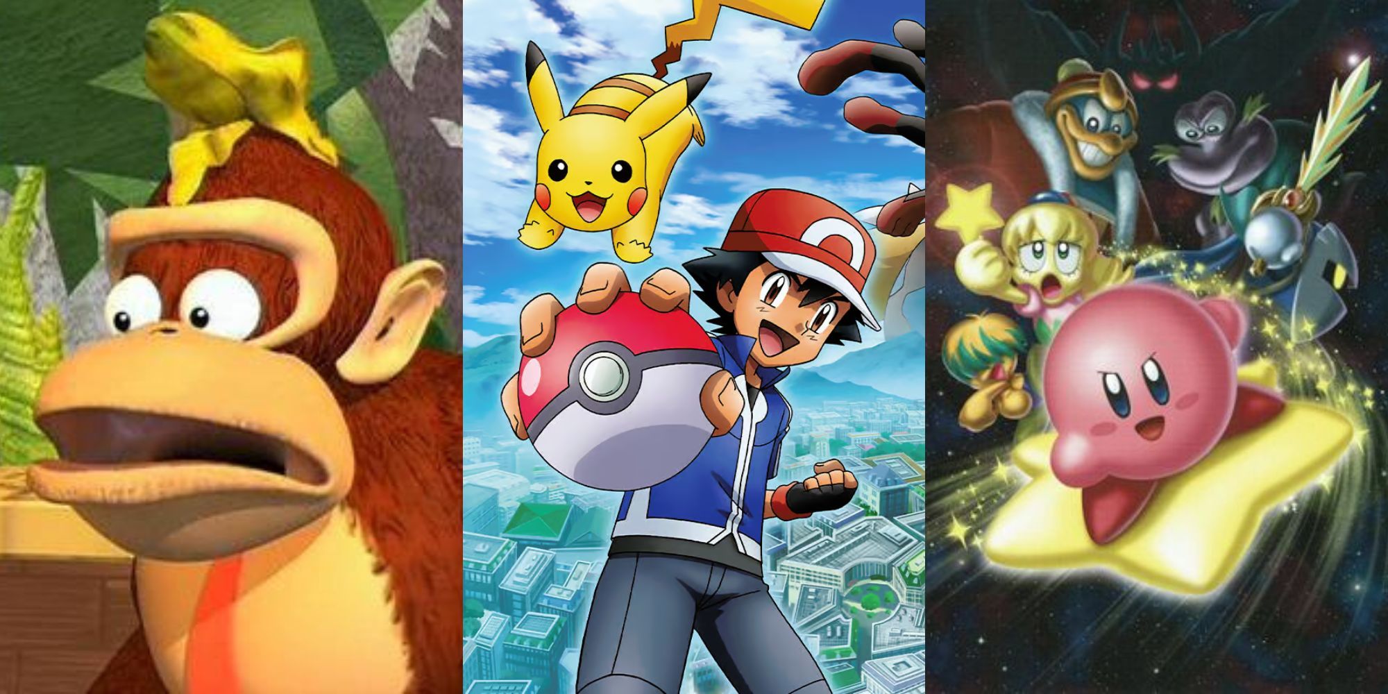 A collage with some of the best Nintendo animated series: Donkey Kong Country, Pokemon and Kirby: Right Back at Ya!