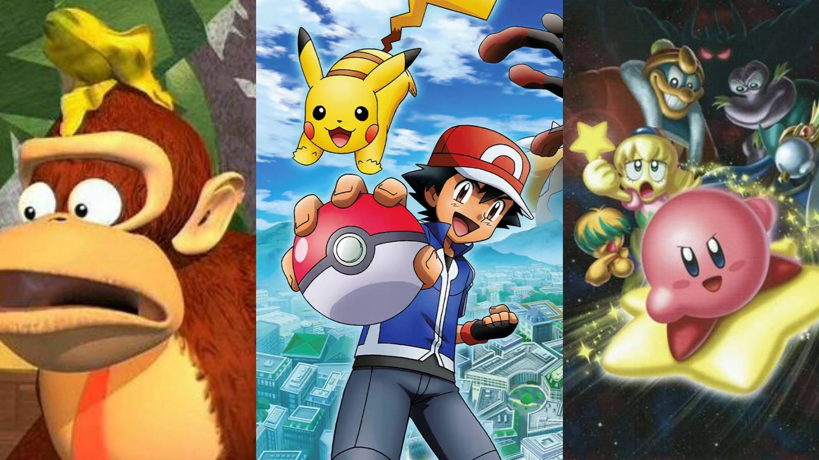 A collage with some of the best Nintendo animated series: Donkey Kong Country, Pokemon and Kirby: Right Back at Ya!