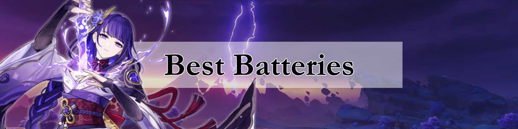 Raiden shogun superimposed over a picture of seirai island with lightning bolts over amakumo peak and text that says best batteries - Genshin impact 