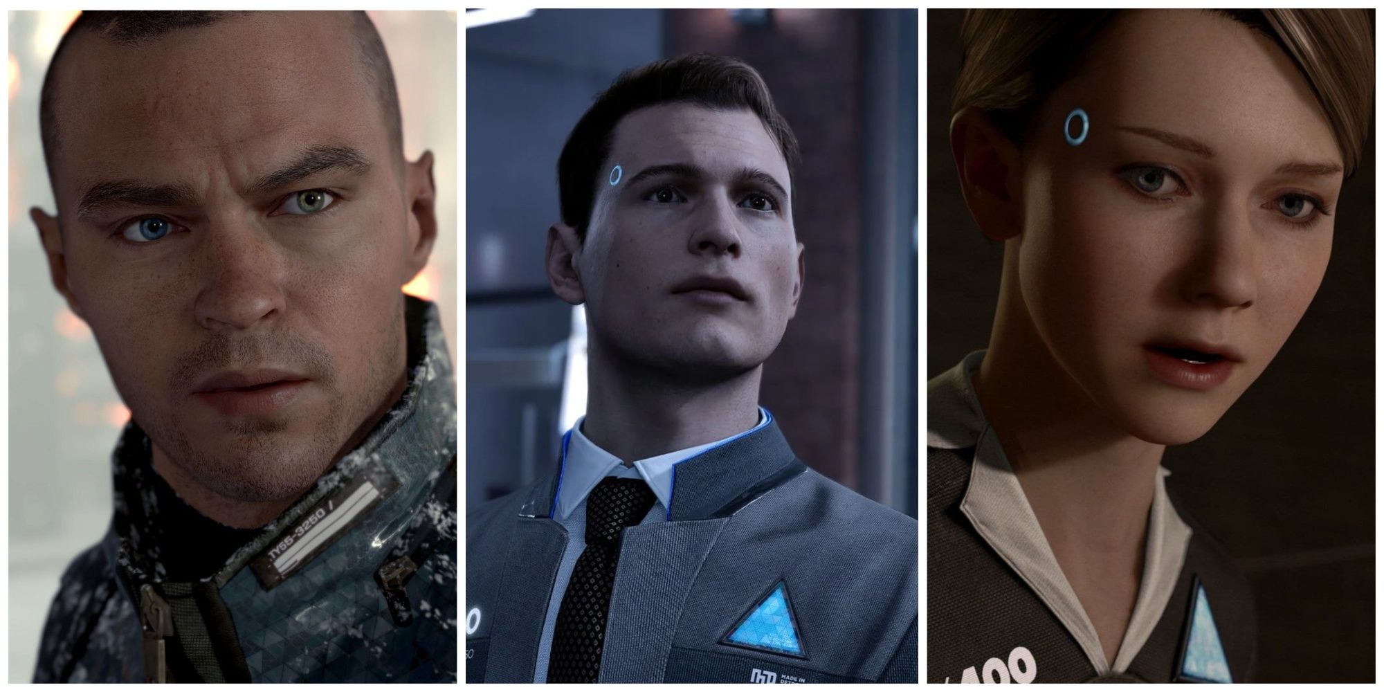 Collage of the three protagonists of Detroit: Become Human: Markus (left), Connor (middle), and Kara (right).