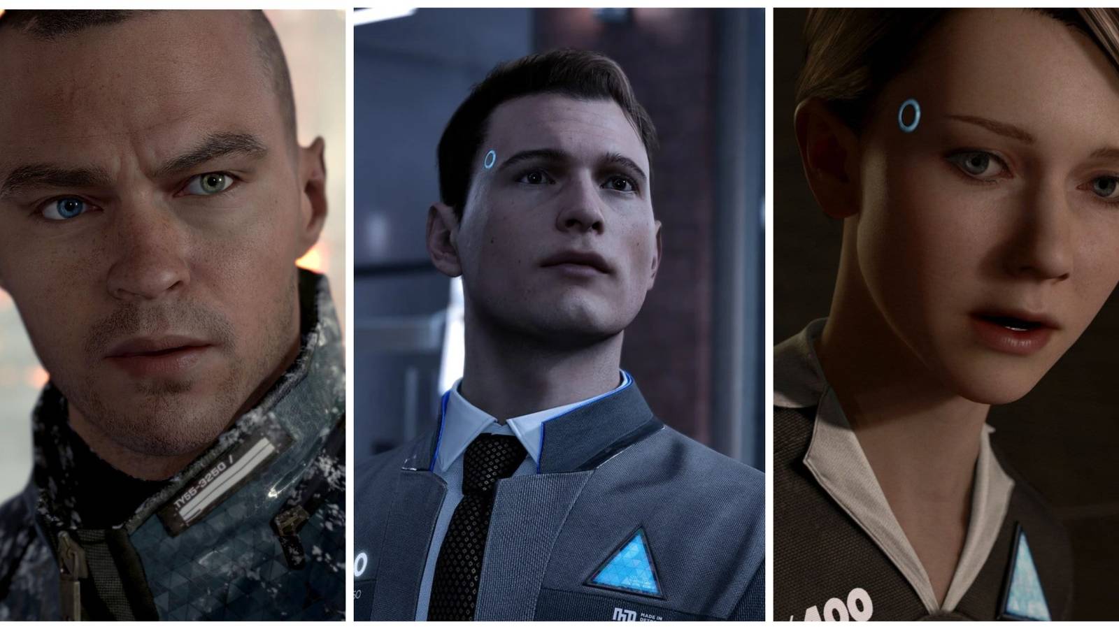 Collage of the three protagonists of Detroit: Become Human: Markus (left), Connor (middle), and Kara (right).