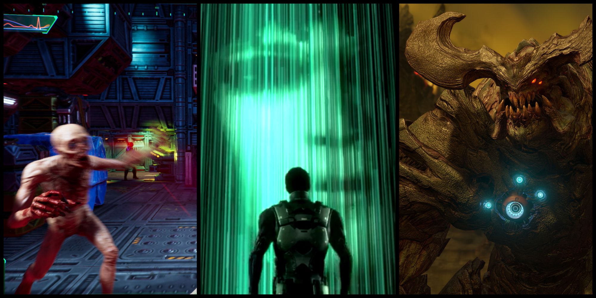 screenshots from System Shock, Deus Ex: Human Revolution, and Doom 2016