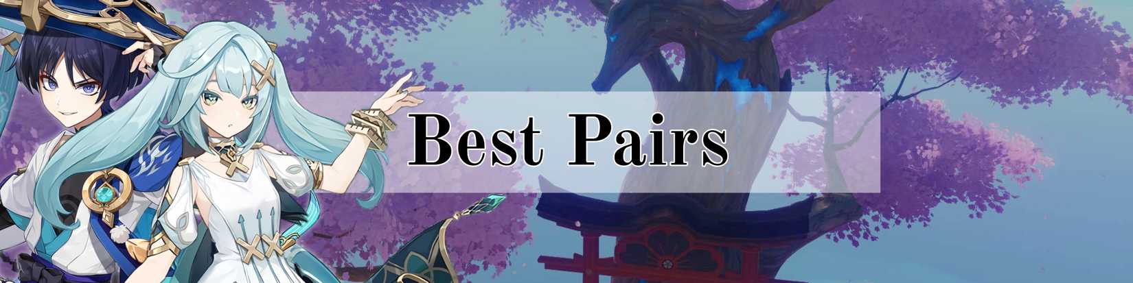 wanderer and faruzan superimposed over a picture of the grand narukami shrine's sacred Sakura with text that says best pairs - Genshin impact 