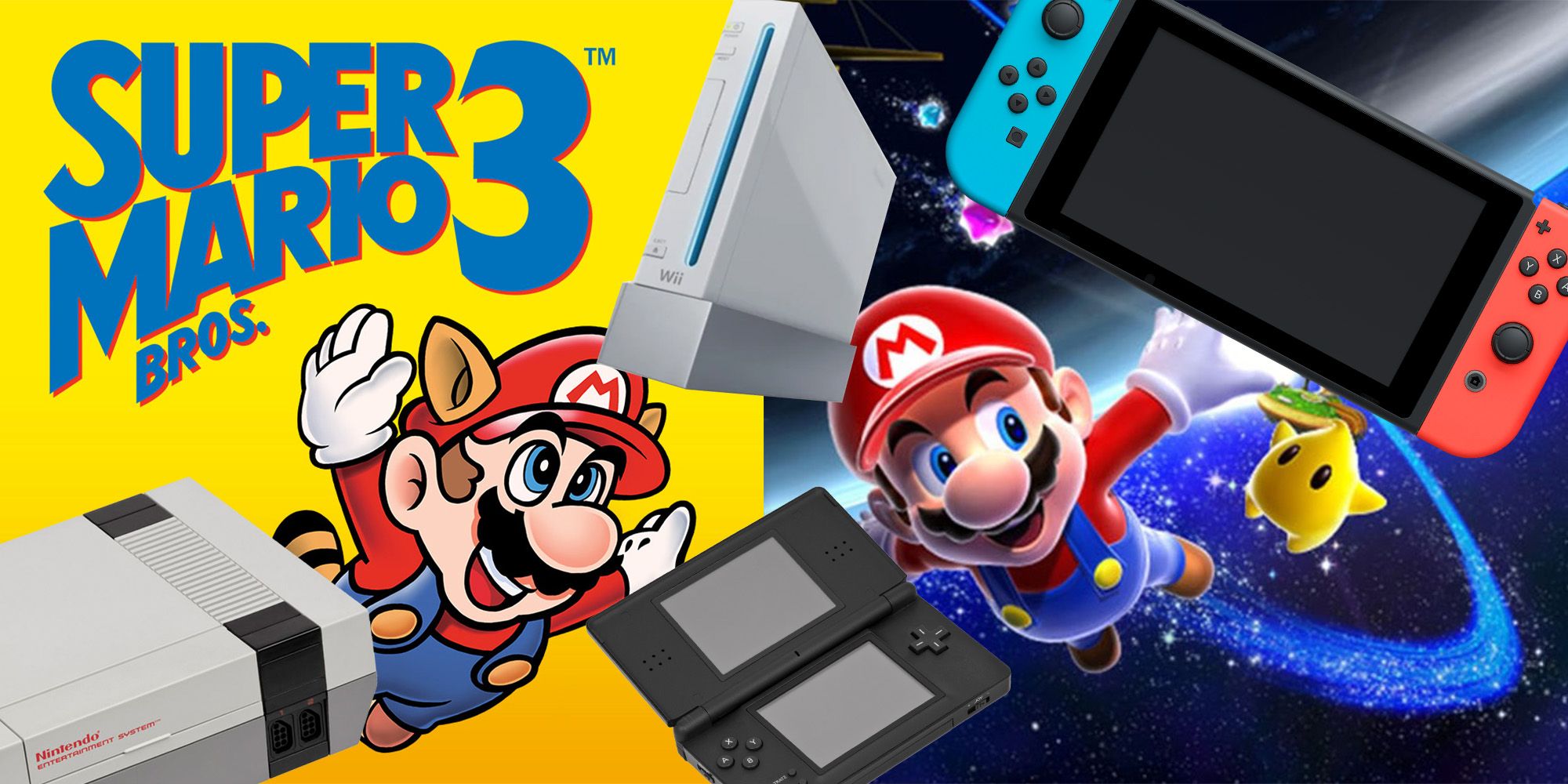 banner image for Mario bros 3; key art of Mario Galaxy; the NES, Wii, DS and Switch consoles