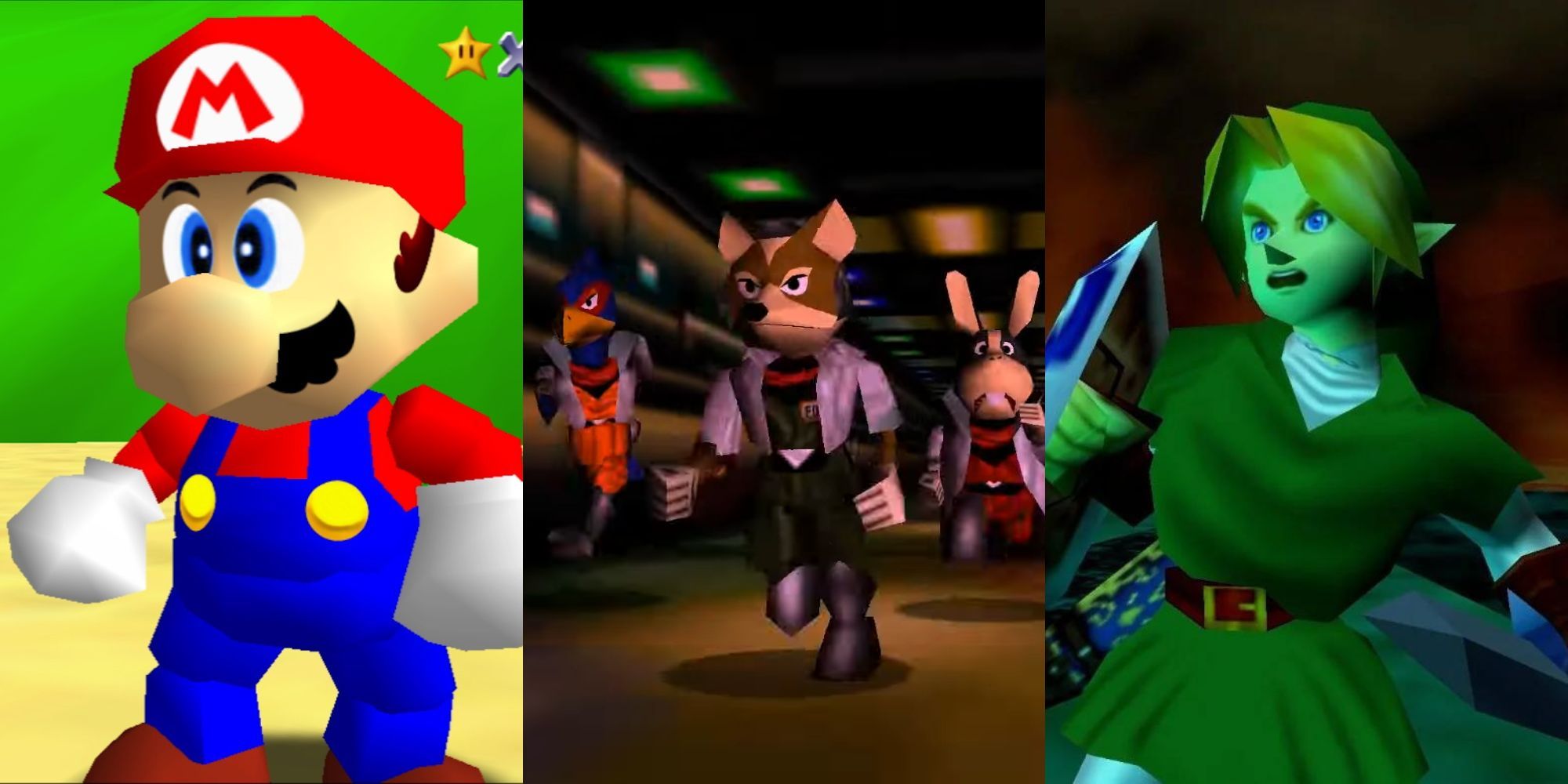 A collage with some of the best Nintendo 64 games: Super Mario 64, Star Fox 64 and The Legend of Zelda: Ocarina of Time.
