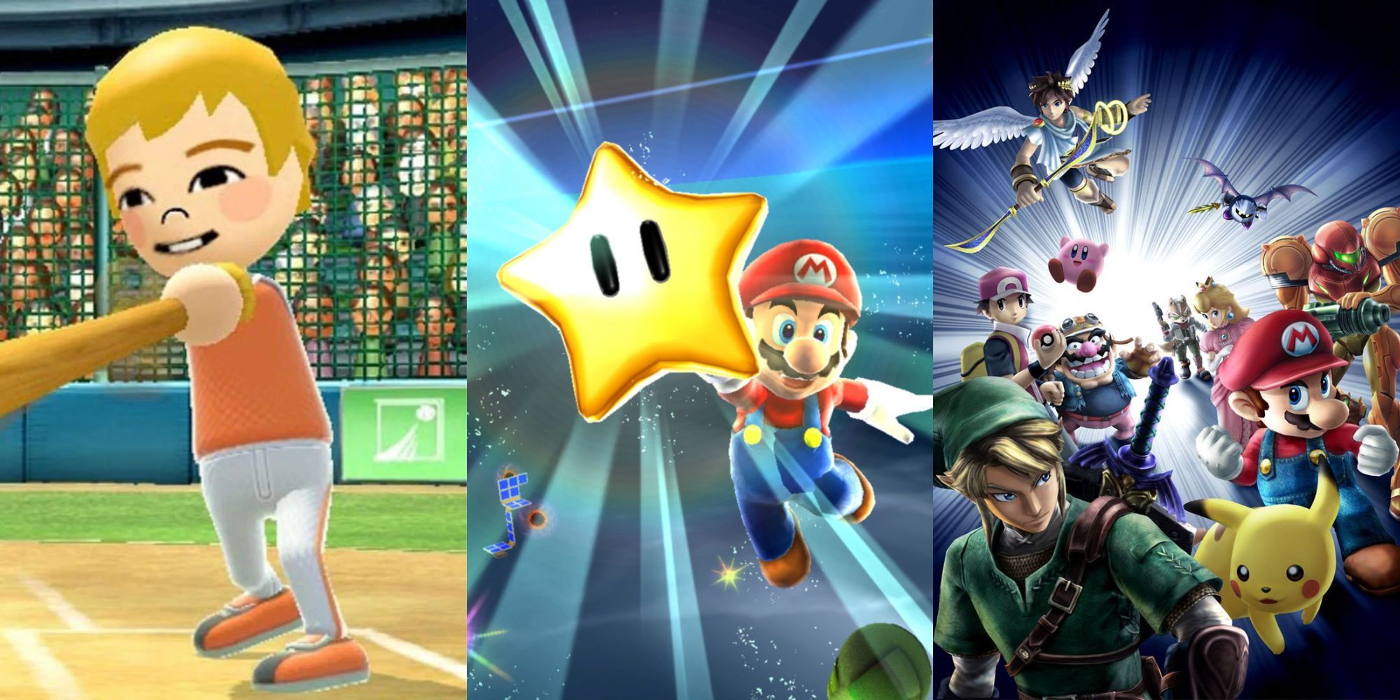 A collage with some of the best Wii games: Wii Sports, Super Mario Galaxy and Super Smash Bros Brawl.