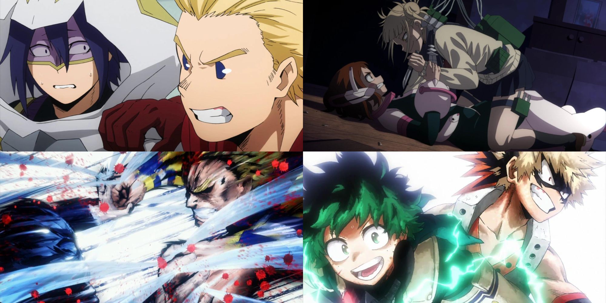A collage of some of the best rivalries In My Hero Academia: Mirio & Amaki, Toga and Ochaco, All For one & All Might and Deku & Bakugo.