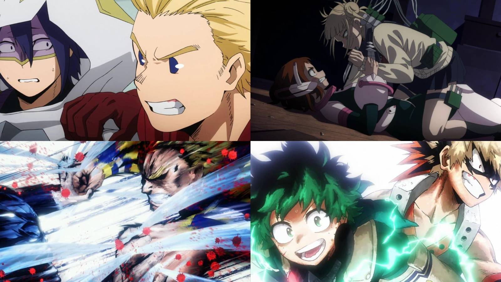 A collage of some of the best rivalries In My Hero Academia: Mirio & Amaki, Toga and Ochaco, All For one & All Might and Deku & Bakugo.