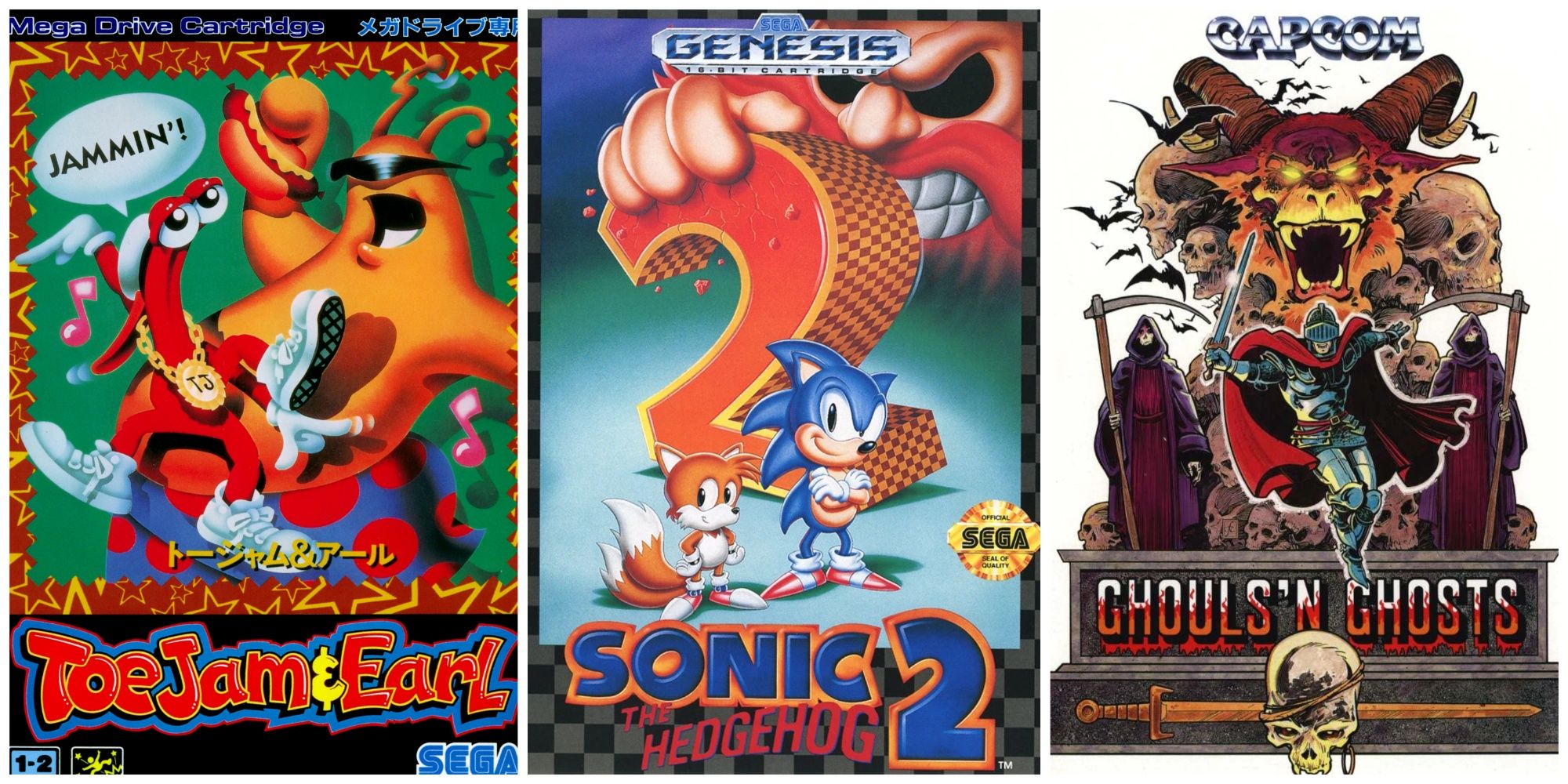 A collage of Sega Genesis games: ToeJam & Earl (left), Sonic 2 (middle), and Ghouls 'n' Ghosts (right).