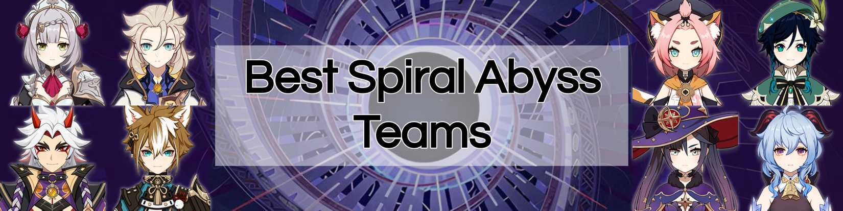 two examples of good spiral abyss teams (mono-geo including Noelle, albedo, itto, and gorou and Morgana: diona, venti, Mona, and ganyu) superimposed over a picture of the moon spire in the spiral abyss with text that says best spiral abyss teams - Genshin impact 