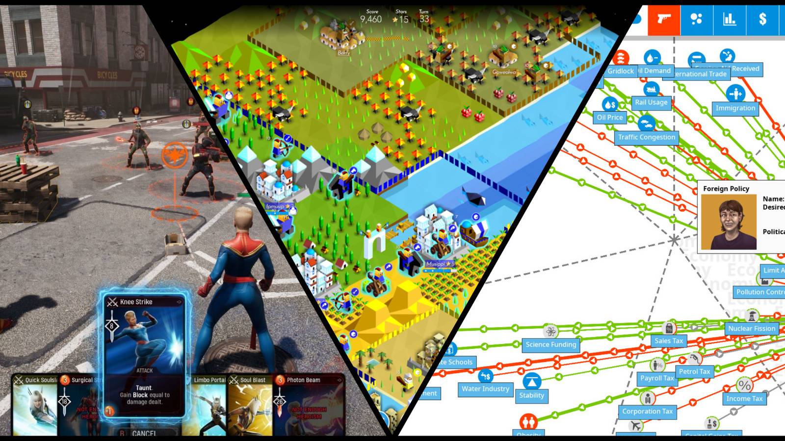 Screenshots from Midnight Suns, Polytopia, and Democracy 4