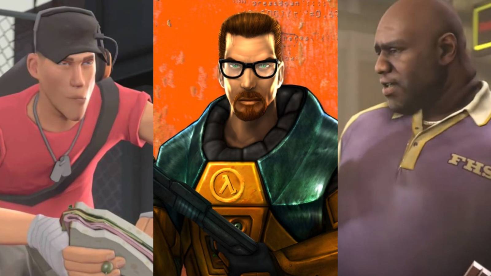 TF2 Scout, Gordon Freeman, and L4D2 Coach