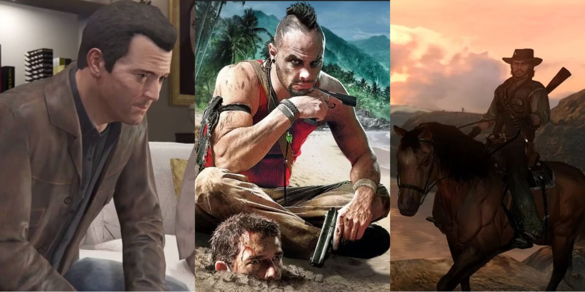 Michael GTA V, Vaas With Jason's Head Buried In Sand Far Cry 3, Arthur On Horseback Red Dead
