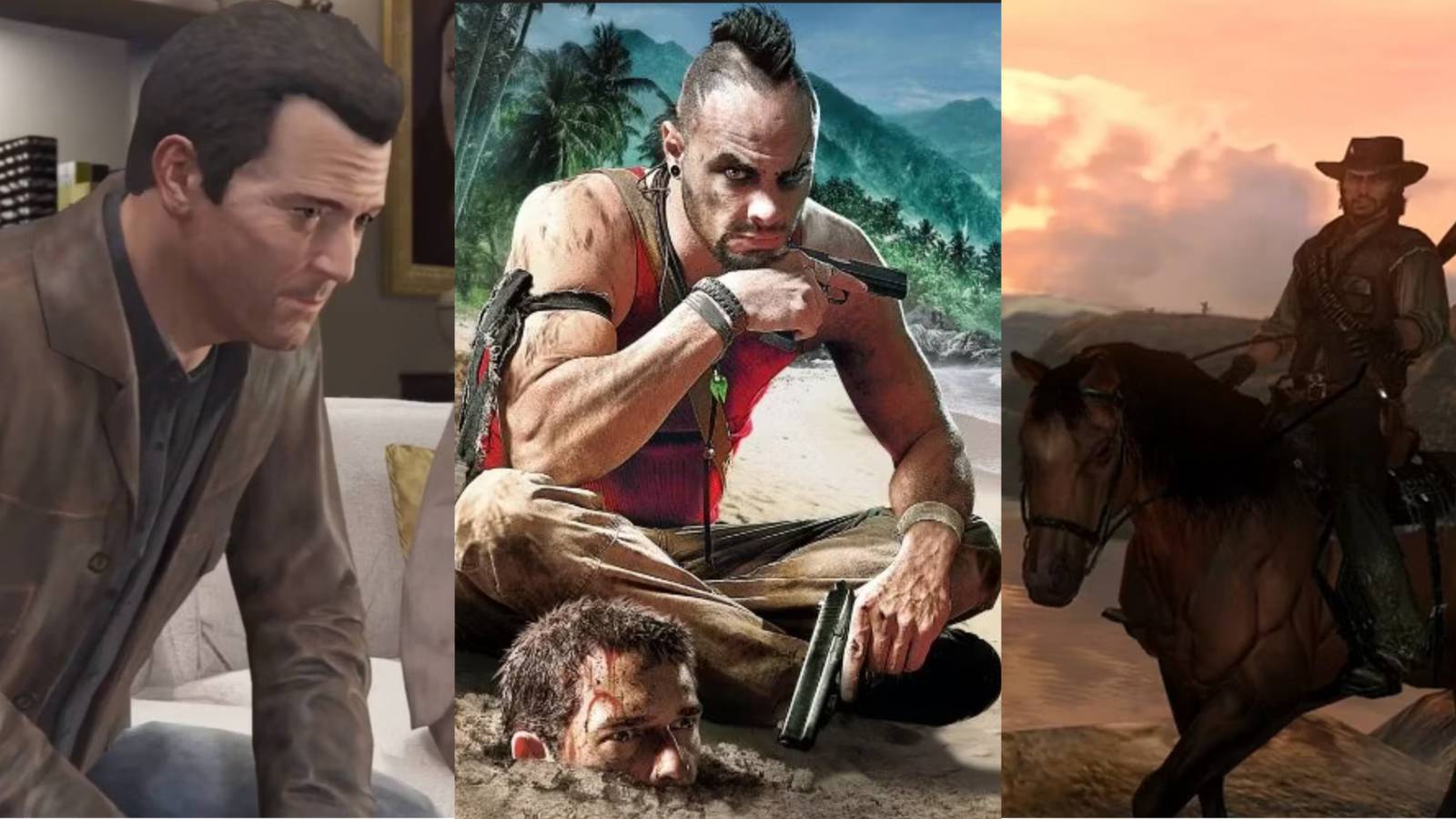 Michael GTA V, Vaas With Jason's Head Buried In Sand Far Cry 3, Arthur On Horseback Red Dead
