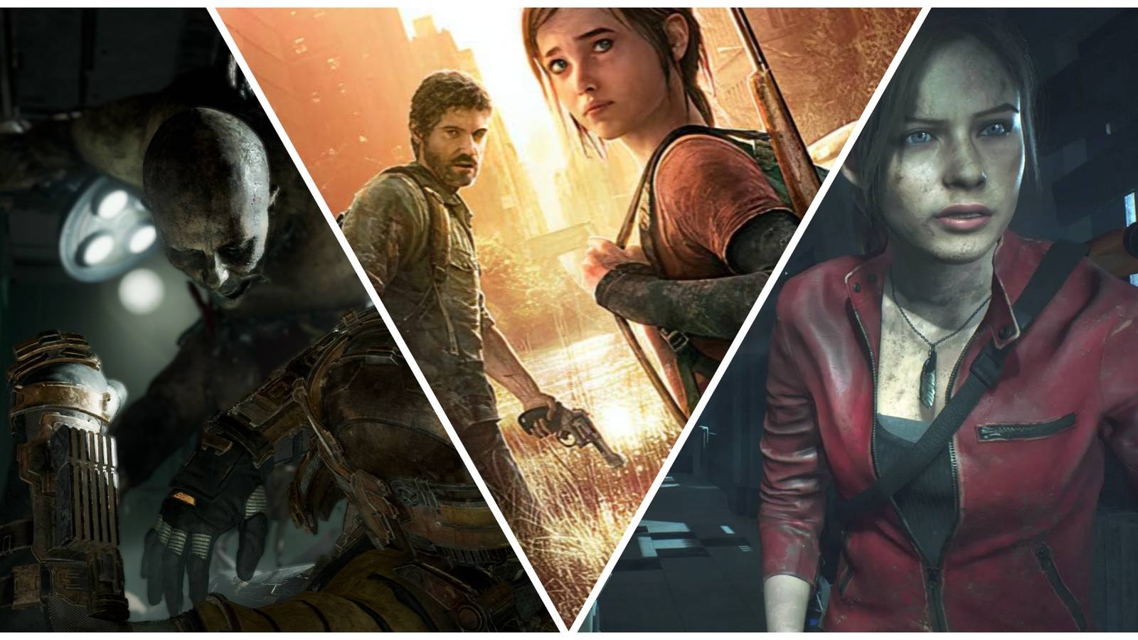 A collage featuring a screenshot from Dead Space (left), the promo image for The Last of Us (middle), and Claire from Resident Evil 2 (right)