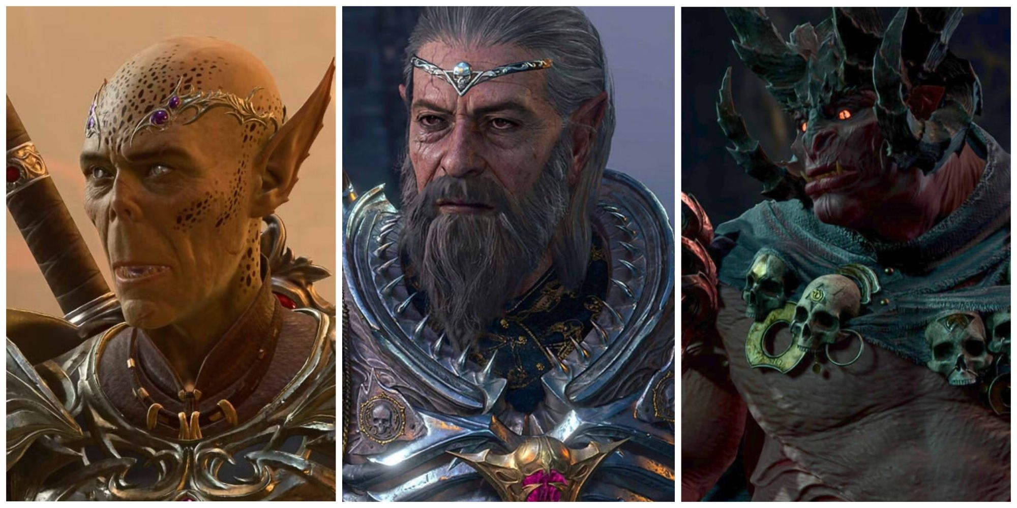 Collage of Baldur's Gate 3: Inquisitor (left), Ketheric Thorm (middle), and Yurgir (right)