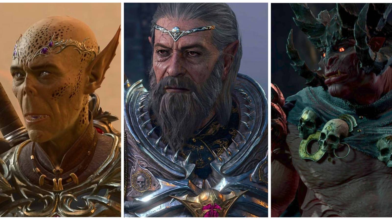 Collage of Baldur's Gate 3: Inquisitor (left), Ketheric Thorm (middle), and Yurgir (right)