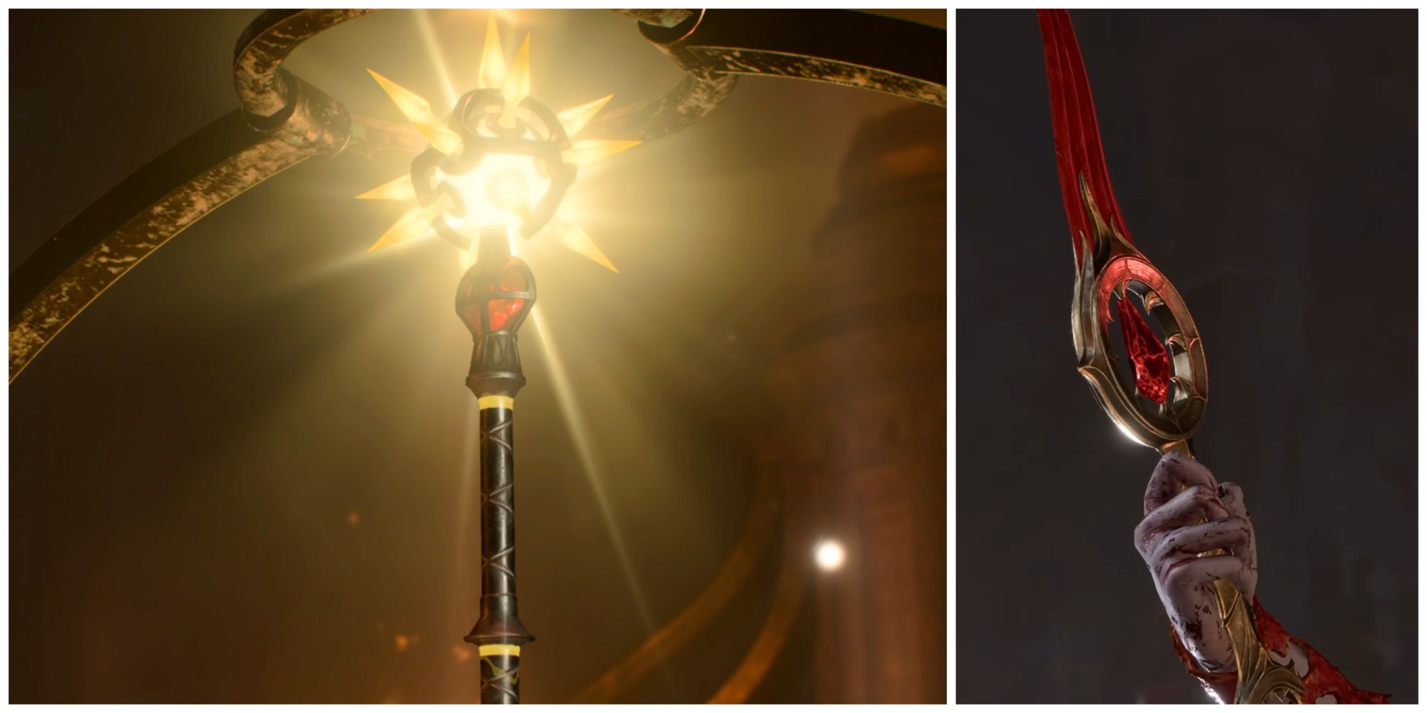 Collage featuring two weapons from BG3: The Blood of Lathander (left) and the Crimson Mischief (right)