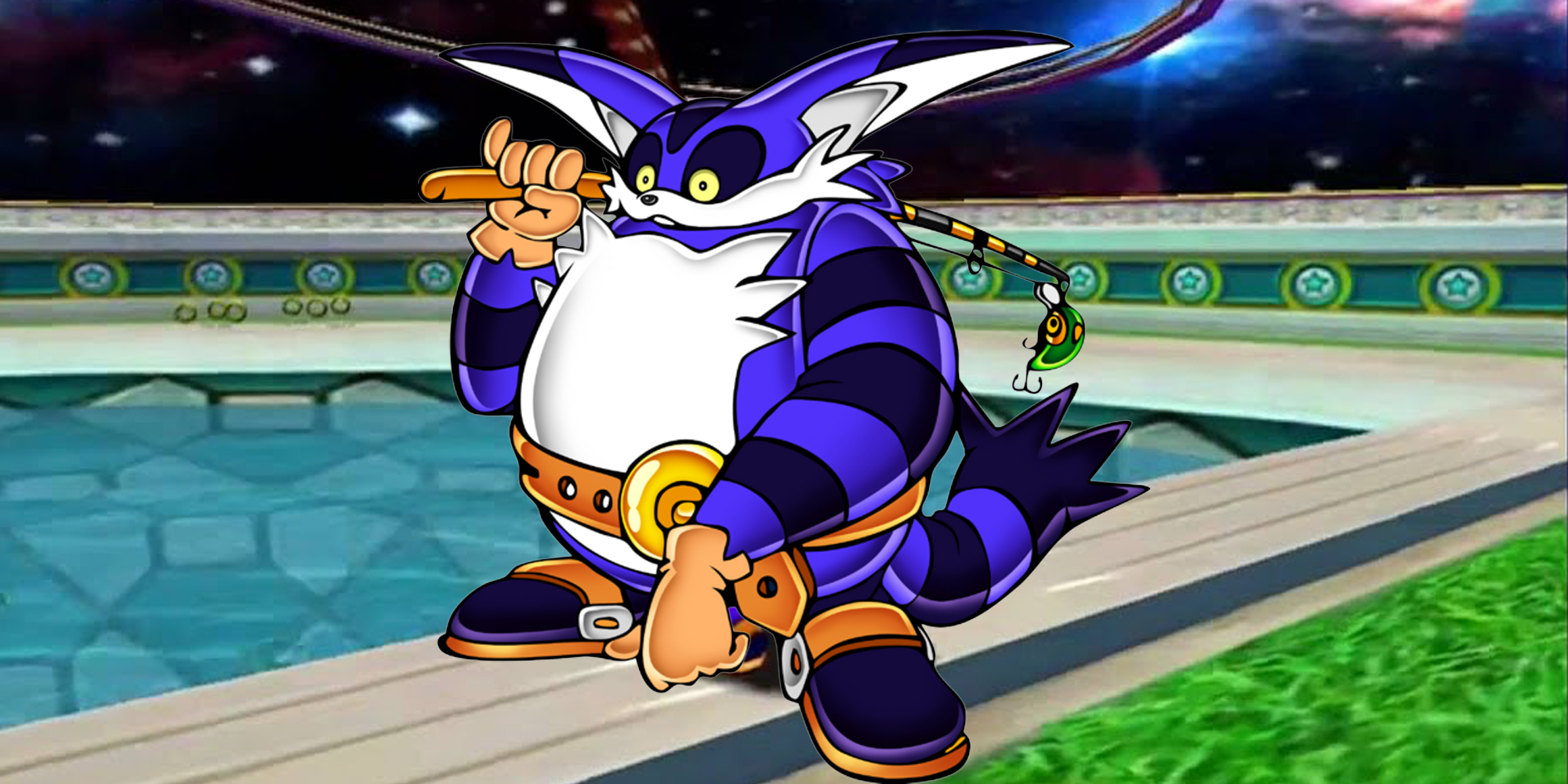 official art of Big the Cat, against the backdrop of Twinkle Park from sonic adventure