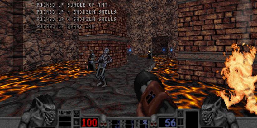 Aiming a gun at a skeleton in Blood Fresh Supply