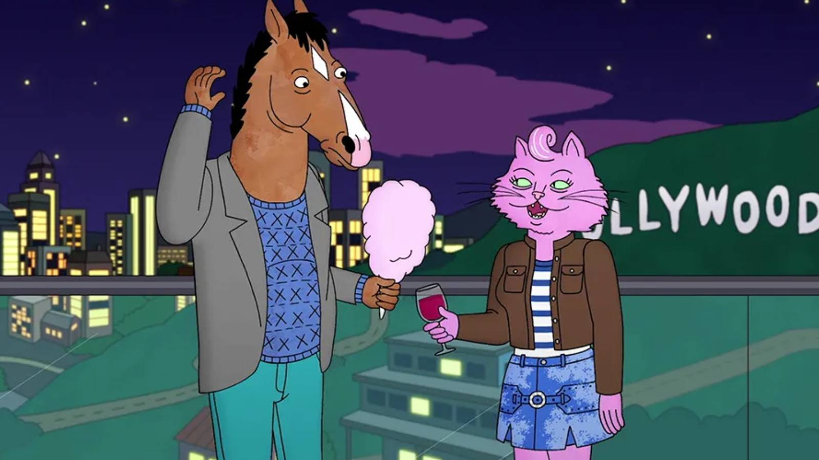 Bojack Horseman and Princess Carolyn holding cotton candy and wine on Bojack Horseman