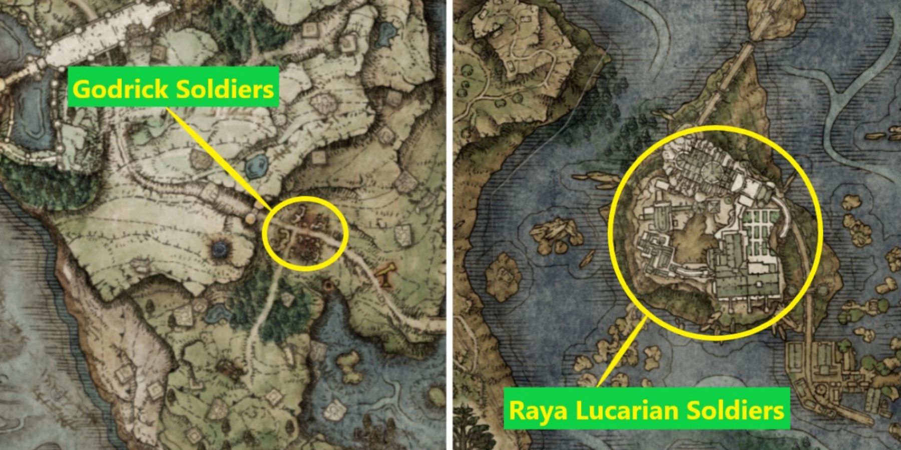 Elden Ring: Godrick Soldiers and Raya Lucaria Soldiers location on the map